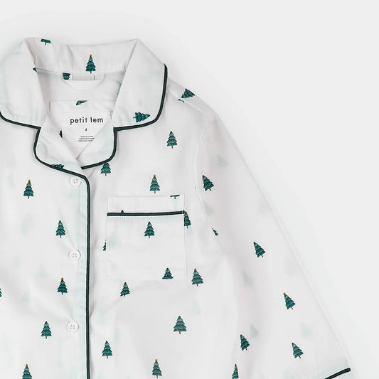 Poplin PJ Set | Pine Tree Print on Off-White | Petit Lem